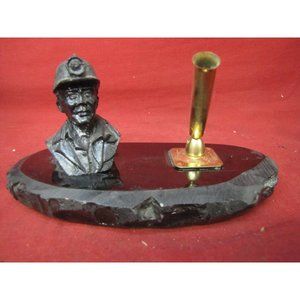 Vintage Hand Carved Coal Figure Desk Pen Holder
